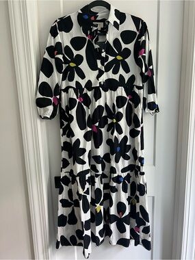Maeve (by Anthropologie)Black & White Floral Button Midi Dress with Colorful Acc
